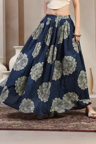 Blue floral printed cotton flared maxi skirt for women