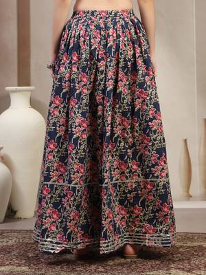 Blue floral printed cotton flared maxi skirt for women 3