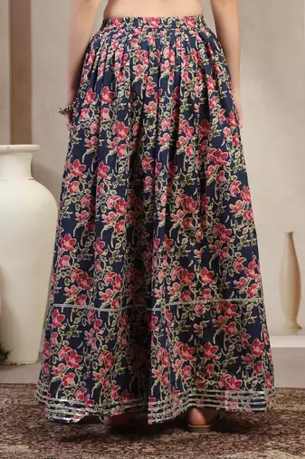 Blue floral printed cotton flared maxi skirt for women