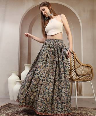 Green floral printed cotton flared maxi skirt for women 5