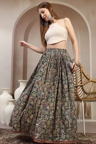 Green floral printed cotton flared maxi skirt for women