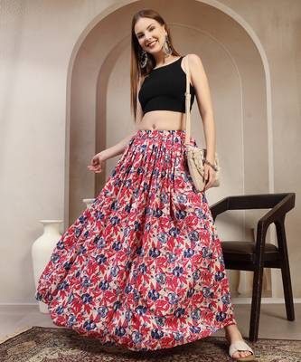 Pink floral printed cotton flared maxi skirt for women 1