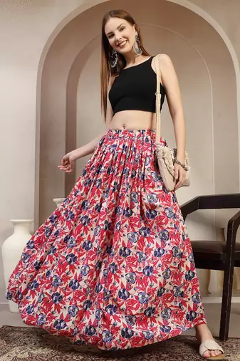Pink floral printed cotton flared maxi skirt for women