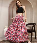 Pink floral printed cotton flared maxi skirt for women