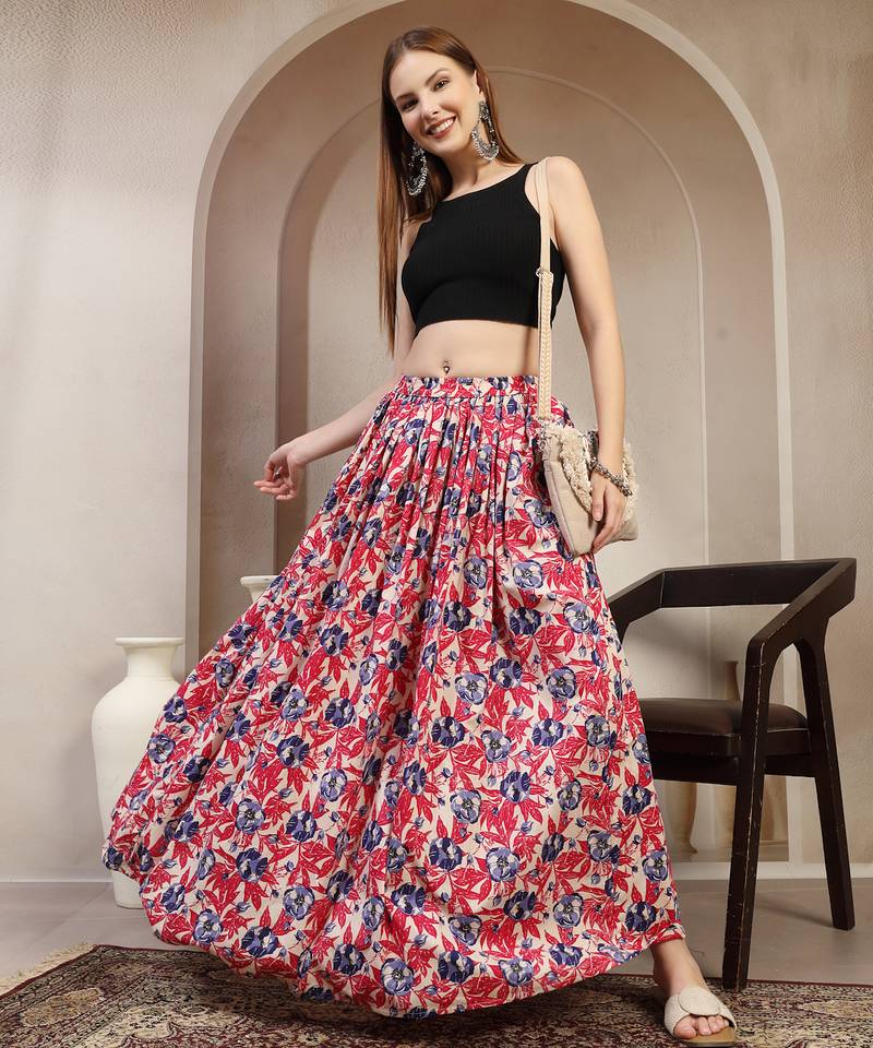Pink floral printed cotton flared maxi skirt for women