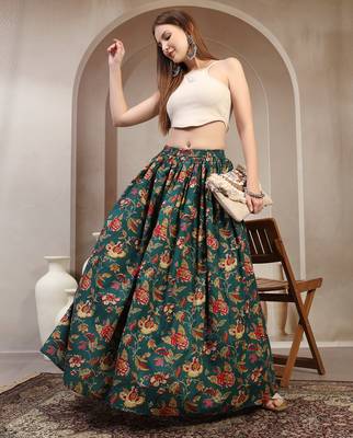 Green floral printed cotton flared maxi skirt for women 5