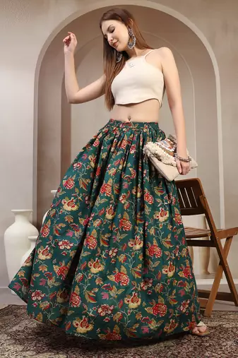 Green floral printed cotton flared maxi skirt for women