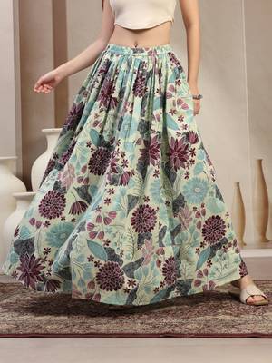 Green floral printed cotton flared maxi skirt for women 2