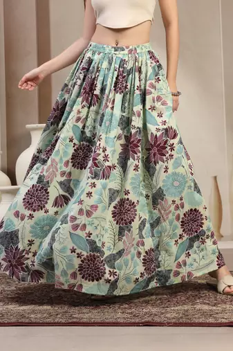 Green floral printed cotton flared maxi skirt for women