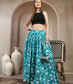 Sky-blue floral printed cotton flared maxi skirt for women