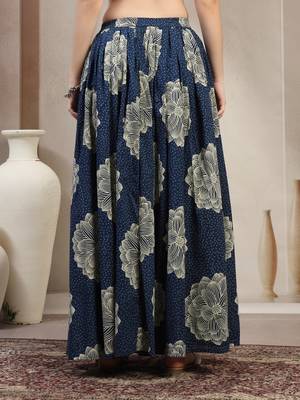 Blue floral printed cotton flared maxi skirt for women 3