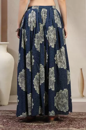 Blue floral printed cotton flared maxi skirt for women