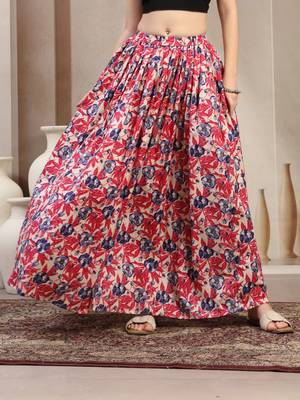 Pink floral printed cotton flared maxi skirt for women 2