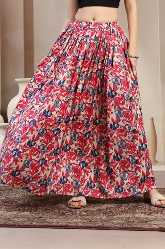 Pink floral printed cotton flared maxi skirt for women