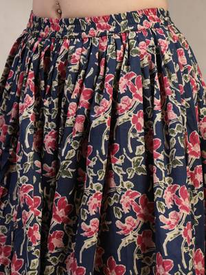 Blue floral printed cotton flared maxi skirt for women 4