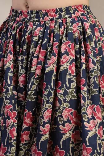 Blue floral printed cotton flared maxi skirt for women