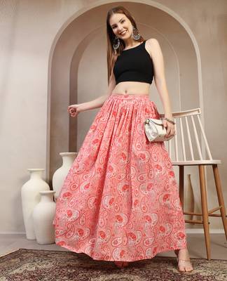 Pink floral printed cotton flared maxi skirt for women 1