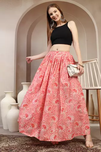 Pink floral printed cotton flared maxi skirt for women