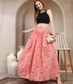 Pink floral printed cotton flared maxi skirt for women