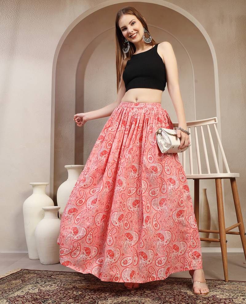 Pink floral printed cotton flared maxi skirt for women