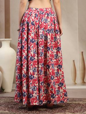Pink floral printed cotton flared maxi skirt for women 3