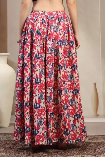 Pink floral printed cotton flared maxi skirt for women