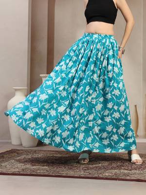 Sky-blue floral printed cotton flared maxi skirt for women 2