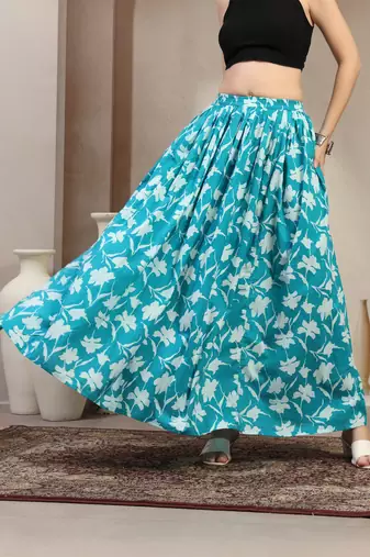 Sky-blue floral printed cotton flared maxi skirt for women