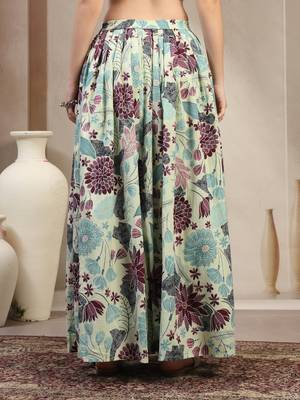 Green floral printed cotton flared maxi skirt for women 3