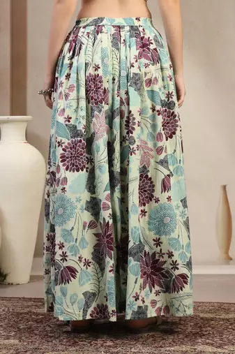 Green floral printed cotton flared maxi skirt for women