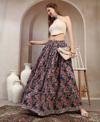 Blue floral printed cotton flared maxi skirt for women 5
