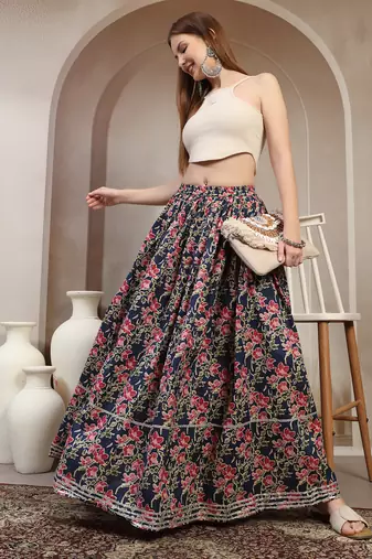 Blue floral printed cotton flared maxi skirt for women
