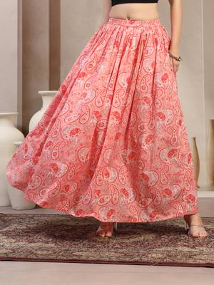 Pink floral printed cotton flared maxi skirt for women 2