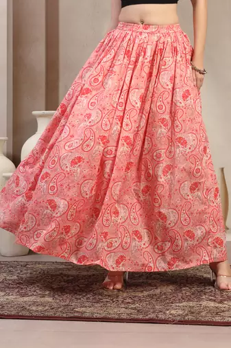 Pink floral printed cotton flared maxi skirt for women
