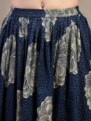 Blue floral printed cotton flared maxi skirt for women 4