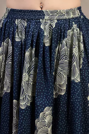 Blue floral printed cotton flared maxi skirt for women