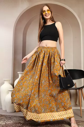 Yellow floral printed cotton flared maxi skirt for women