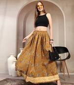 Yellow floral printed cotton flared maxi skirt for women