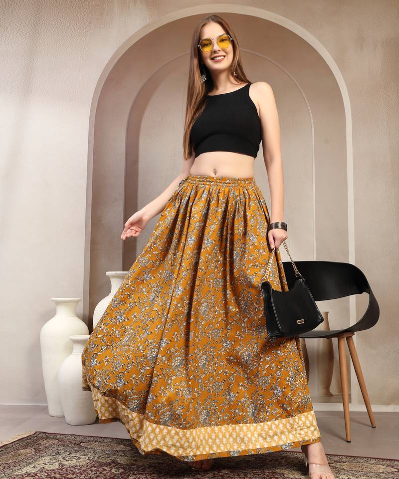 Yellow floral printed cotton flared maxi skirt for women