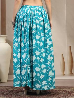 Sky-blue floral printed cotton flared maxi skirt for women 3