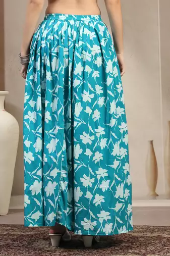 Sky-blue floral printed cotton flared maxi skirt for women