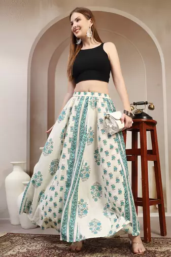 Teal floral printed cotton flared maxi skirt for women