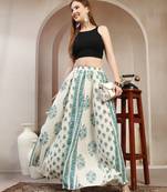 Teal floral printed cotton flared maxi skirt for women