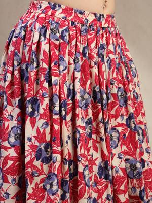 Pink floral printed cotton flared maxi skirt for women 4