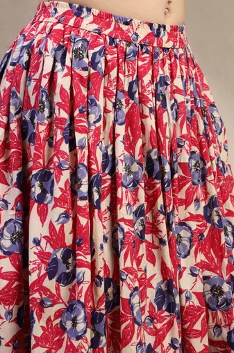 Pink floral printed cotton flared maxi skirt for women