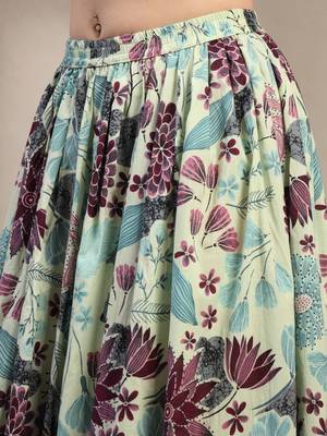 Green floral printed cotton flared maxi skirt for women 4