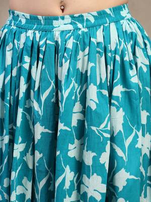 Sky-blue floral printed cotton flared maxi skirt for women 4