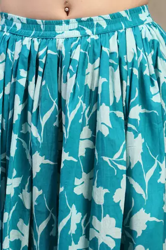 Sky-blue floral printed cotton flared maxi skirt for women