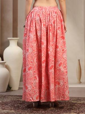Pink floral printed cotton flared maxi skirt for women 3