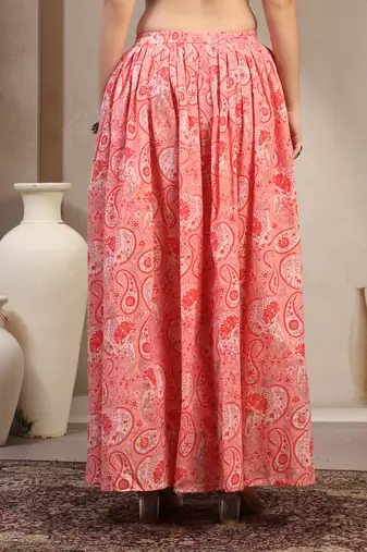 Pink floral printed cotton flared maxi skirt for women